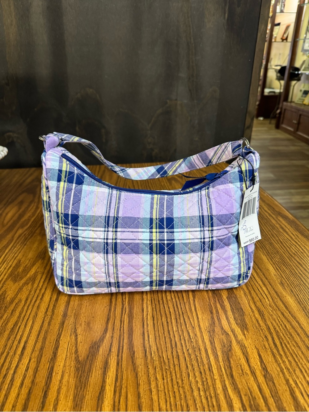 Vera Bradley Quilted Plaid Shoulder Bag in Lavender and Navy